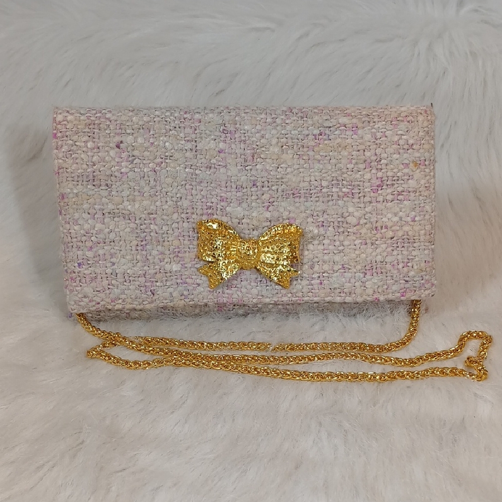 Garland Elegant  Cream Jackie Clutch 11/ Crossbody  W/ Gold Bow Accent